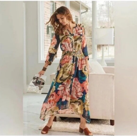 Soft Surroundings Natalia Floral Asymmetrical Hem Dress S Button Front Feminine - Picture 1 of 17